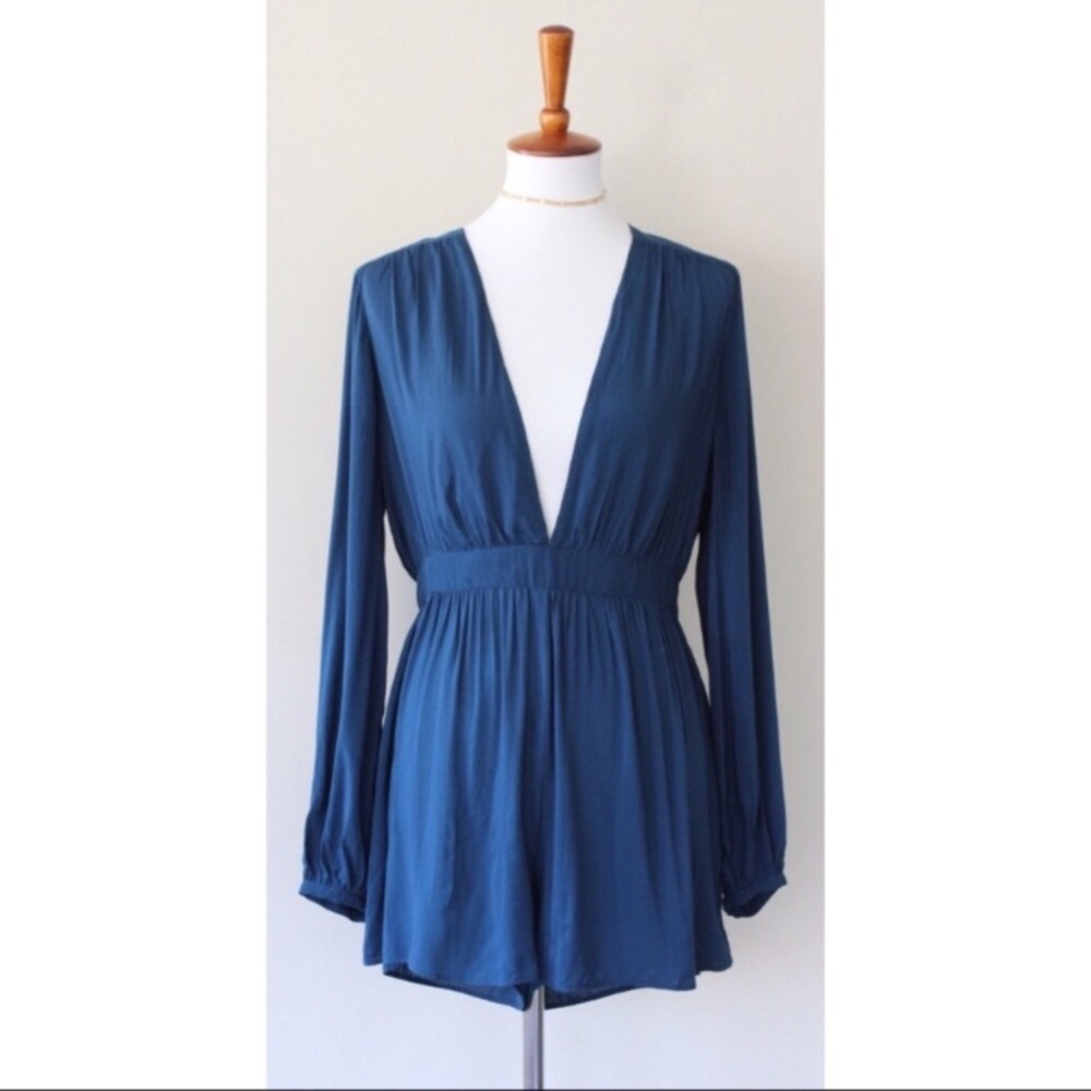 UO Ecote Blue Charlotte Plunging Longsleeve Romper